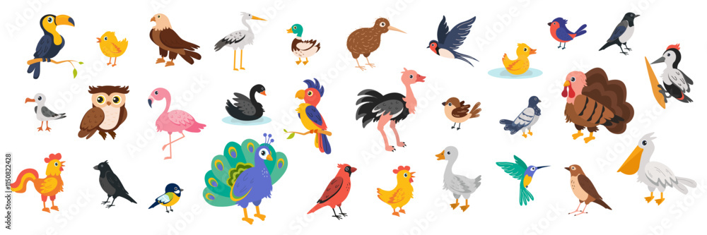 Colorful collection of cartoon birds in various poses and activities Colorful collection of cartoon birds in various poses and activities