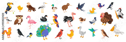 Colorful collection of cartoon birds in various poses and activities photo