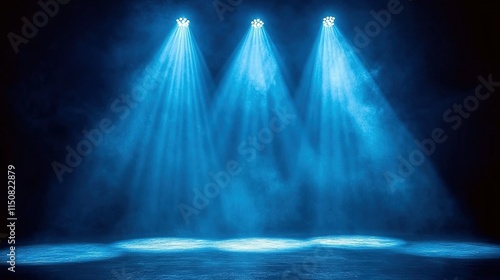 Three blue spotlights illuminating a smoky stage.
