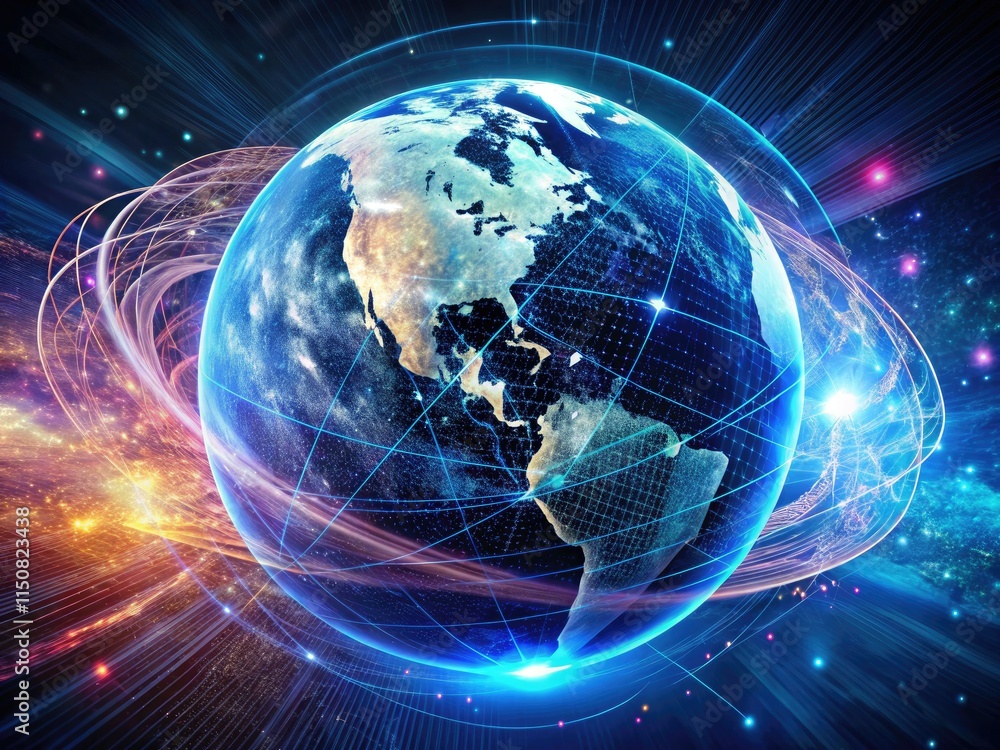 Fototapeta premium Double exposure: AI reveals Earth intertwined with digital code, a Global Tech Network vision.