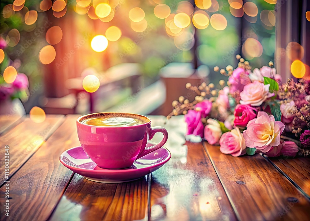 Fototapeta premium Double exposure magic: a pink cup, cafe table, and surreal wooden textures blend.