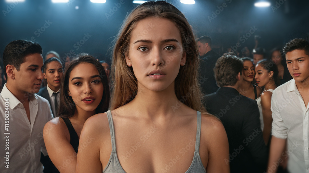 Obraz premium young woman or teenage girl with shocked unhappy facial expression, waiting worried, in crowded nightclub full of dancing young people, introverted