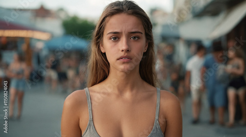 young woman or teenage girl with shocked unhappy facial expression, waiting , city center with people in the shopping street