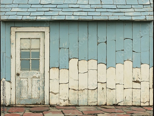 Weathered blue and white wooden shed with door. photo