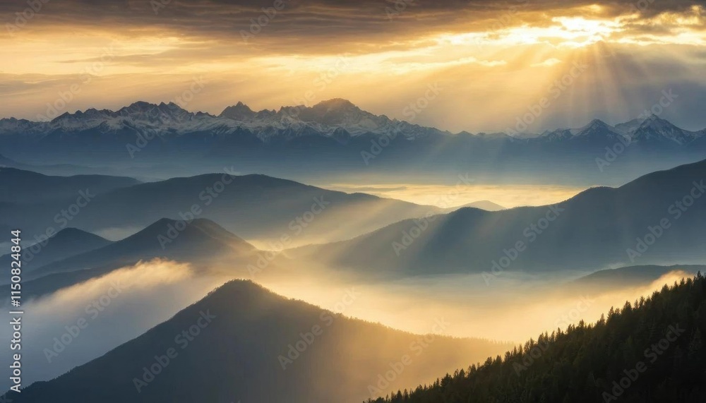 Majestic Sunrise Over Misty Mountain Ranges Majestic Sunrise Over Misty Mountain Ranges