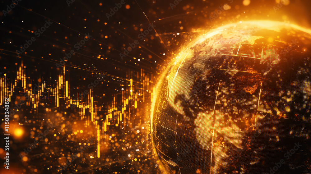 Abstract Rendering of Financial Markets, with Dynamic Lines and Curves Representing Stocks and Bonds, Overlaid on a Golden, Textured Globe Surrounded by Particle Effects Abstract Rendering of Financial Markets, with Dynamic Lines and Curves Representing Stocks and Bonds, Overlaid on a Golden, Textured Globe Surrounded by Particle Effects