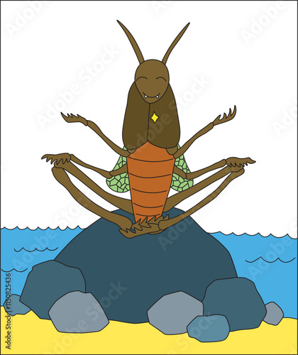 contented smiling happy locust sitting in zen pose on big grey stone on sandy beach on sea shore under blue sky with white clouds