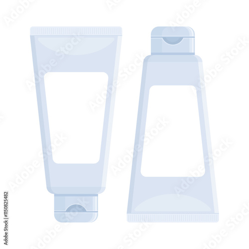 Set of blank grey cosmetic tubes. Cream, lotion, shampoo, gel package. Hygiene, skincare, personal care product concept. Flat vector illustration isolated on white background, mockup with copy space