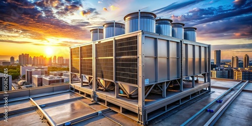 Efficient rooftop industrial cooling systems reduce urban heat island effect.