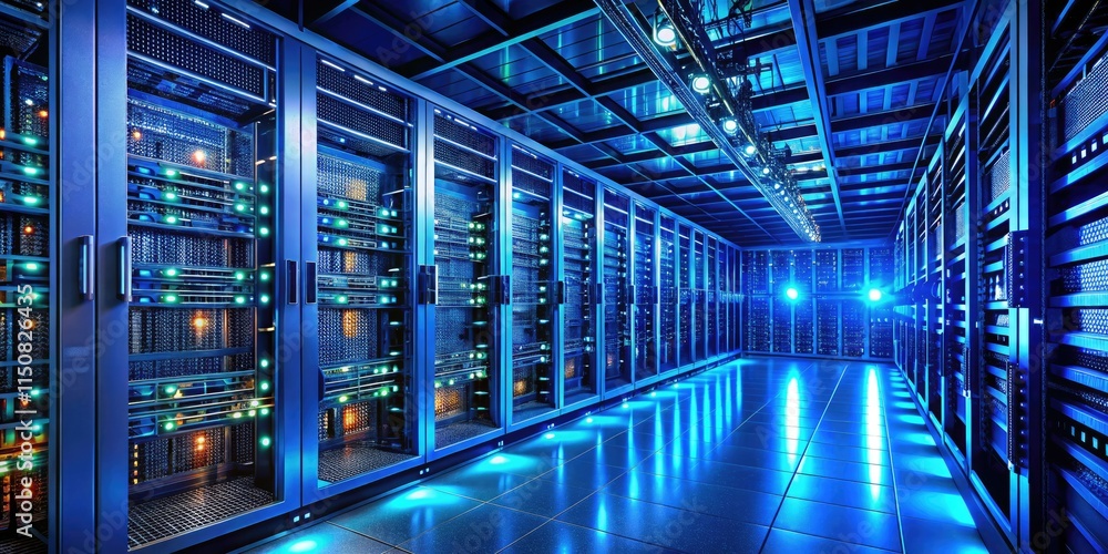 Fototapeta premium Electric blue lights paint the server room, a mesmerizing spectacle of nocturnal technology.