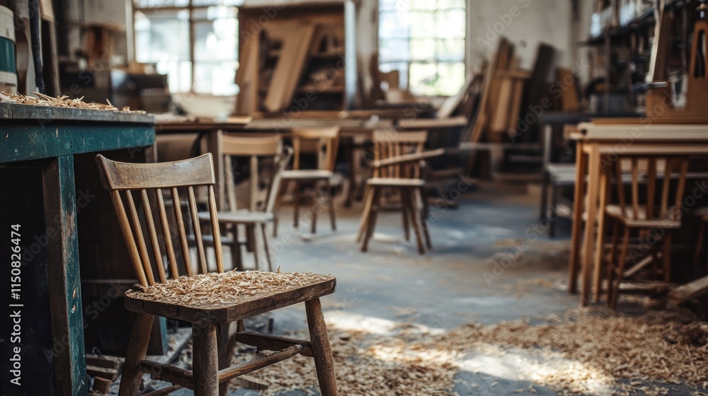 A carpenter's shop with wood shavings on the floor, half-finished chairs and tables in the background, A carpenter's shop with wood shavings on the floor, half-finished chairs and tables in the background,