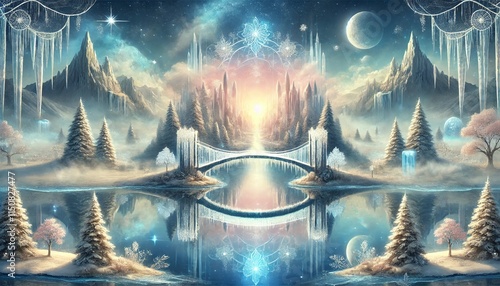 A Serene Fantasy Scene Featuring a Delicate Ice Bridge Connecting a Snowy Forest to a Mystical Realm