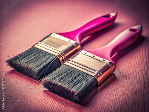 Vintage Paintbrushes on Pink, Retro Foam Brushes, Artistic Photography, Pink Surface, Black Paintbrushes photo