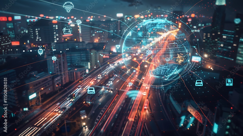 Naklejka premium Smart City and Global Network Connectivity: Futuristic Urban Landscape with Integrated Technology and Data Flow