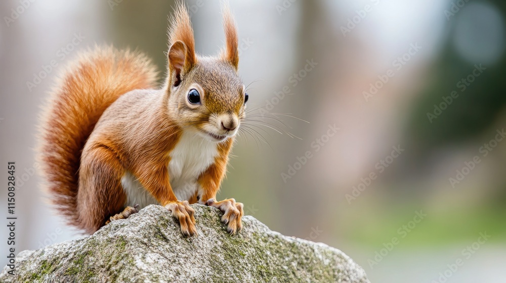 Curious red squirrel perched on rock in nature Curious red squirrel perched on rock in nature