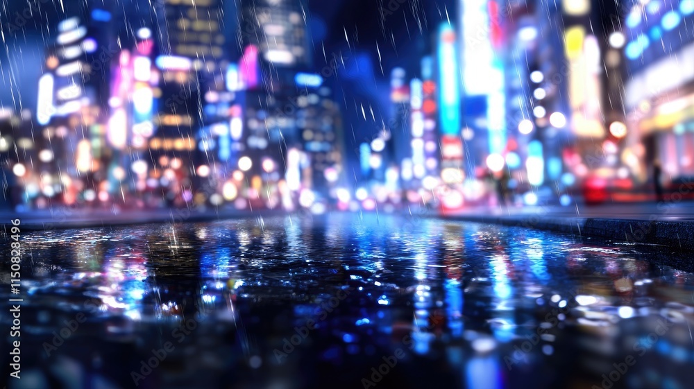 Vibrant cityscape at night with colorful lights reflecting on wet pavement in rain Vibrant cityscape at night with colorful lights reflecting on wet pavement in rain
