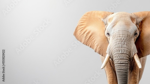 Elephant with large tusks standing against plain background