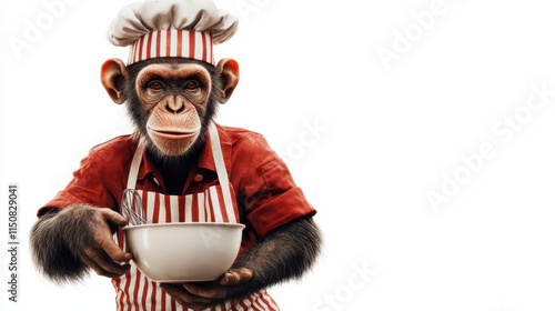 A highly detailed cut-out style image of a monkey chef in a bright red and white uniform with striped apron, holding a mixing bowl and whisk, with an animated yet realistic appearance. The monkey's fu photo