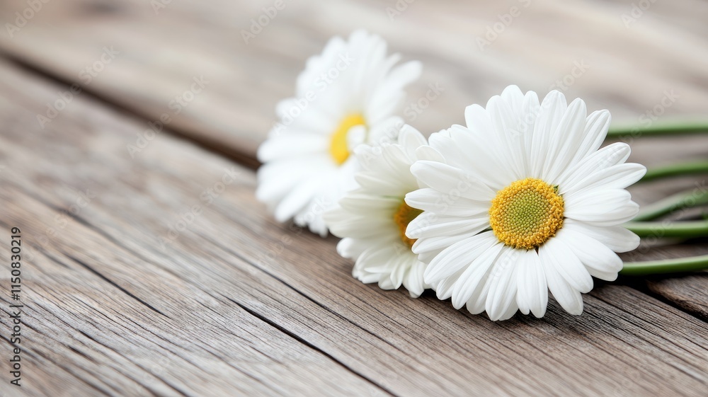 Obraz premium Fresh white daisies with yellow centers on wooden background
