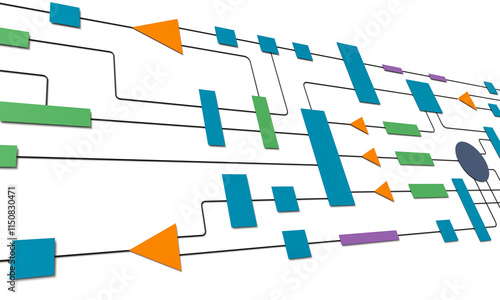 Close-up business flow chart, organigram. Connected lines, and geometric shapes. Stragey, map, plan, chart, node tree, conncection in process. 3D illustration photo