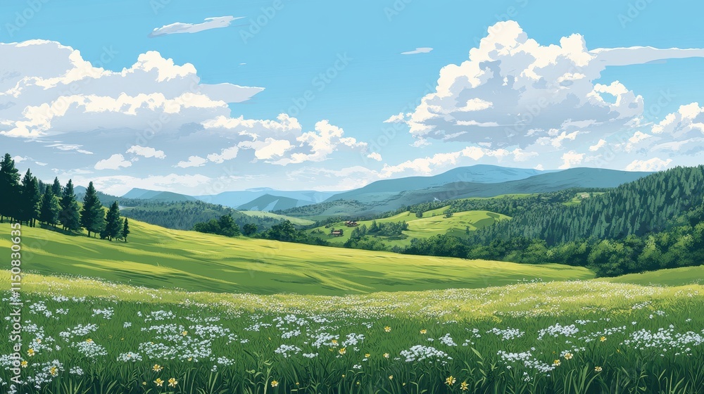 Fototapeta premium Serene landscape; blooming meadow, rolling hills, and blue sky with fluffy clouds. Ideal for travel, nature, or idyllic rural settings; evokes peace and tranquility.