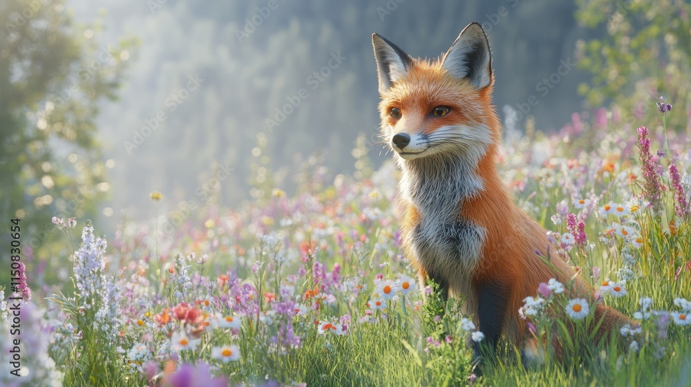 Obraz premium Red fox sitting in a colorful meadow at sunrise.