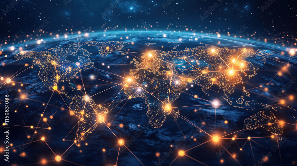 Conceptual Illustration of Interconnected Global Supply Chains with Glowing Pathways Linking Manufacturers, Suppliers, and Distributors Across a Digital World Map Conceptual Illustration of Interconnected Global Supply Chains with Glowing Pathways Linking Manufacturers, Suppliers, and Distributors Across a Digital World Map