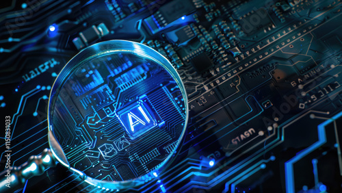 Wallpaper Mural Close-up of a circuit board with a magnifying glass highlighting the AI symbol Torontodigital.ca