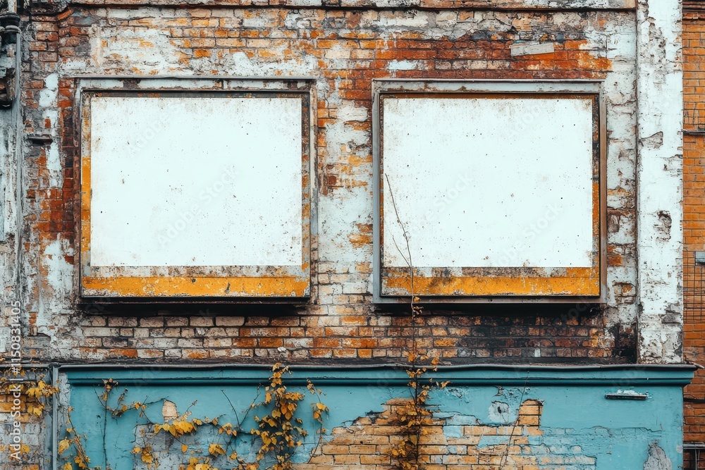 Naklejka premium Two blank signs on a weathered brick wall. Ideal for adding your text or design, showcasing urban decay or vintage aesthetics.