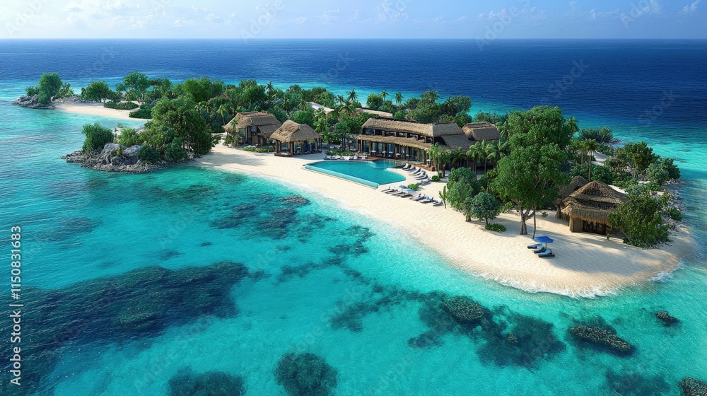 Tropical island resort with beach, pool, and turquoise ocean. Tropical island resort with beach, pool, and turquoise ocean.