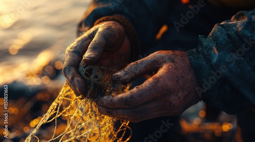 Close-Up of a Fisherman's Hands Carefully Untangling a Fishnet at Sunrise by the Seaside, Highlighting the Art of Traditional Fishing Techniques and Craftsmanship photo