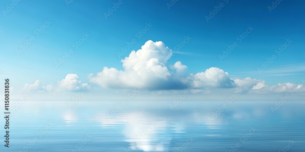 Serene Seascape Peaceful Ocean Reflecting a Calm Blue Sky with Fluffy White Clouds Serene Seascape Peaceful Ocean Reflecting a Calm Blue Sky with Fluffy White Clouds