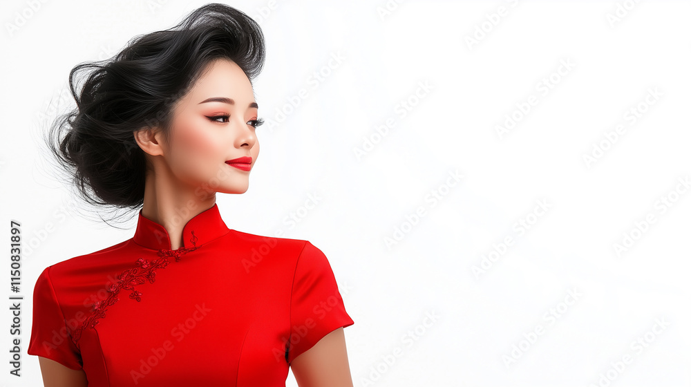 Elegant Chinese woman in red dress with stylish hair, showcasing beauty and grace. Elegant Chinese woman in red dress with stylish hair, showcasing beauty and grace.