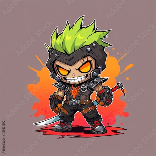 Chibified Warrior: Spiky Hair, Fierce Gaze, and Deadly Weapon photo