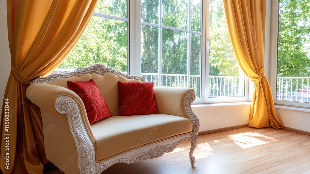 Obraz premium Elegant sofa with red pillows by large windows, yellow curtains drawn aside