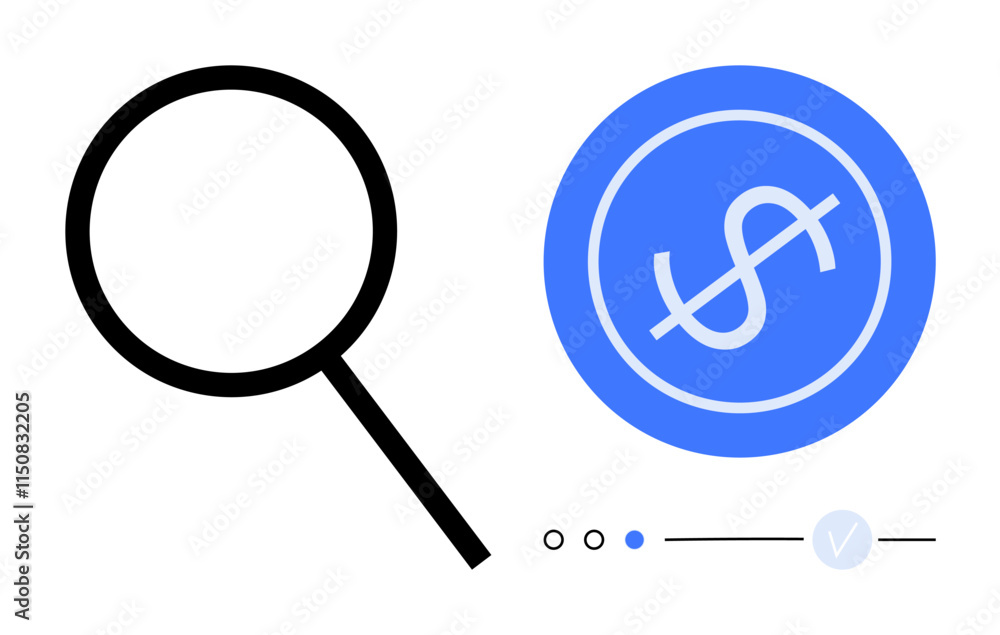 Magnifying glass next to a crossed-out dollar sign in a blue circle, symbolizing financial scrutiny. Ideal for financial management, cost reduction, expense tracking, budgeting, investment analysis Magnifying glass next to a crossed-out dollar sign in a blue circle, symbolizing financial scrutiny. Ideal for financial management, cost reduction, expense tracking, budgeting, investment analysis