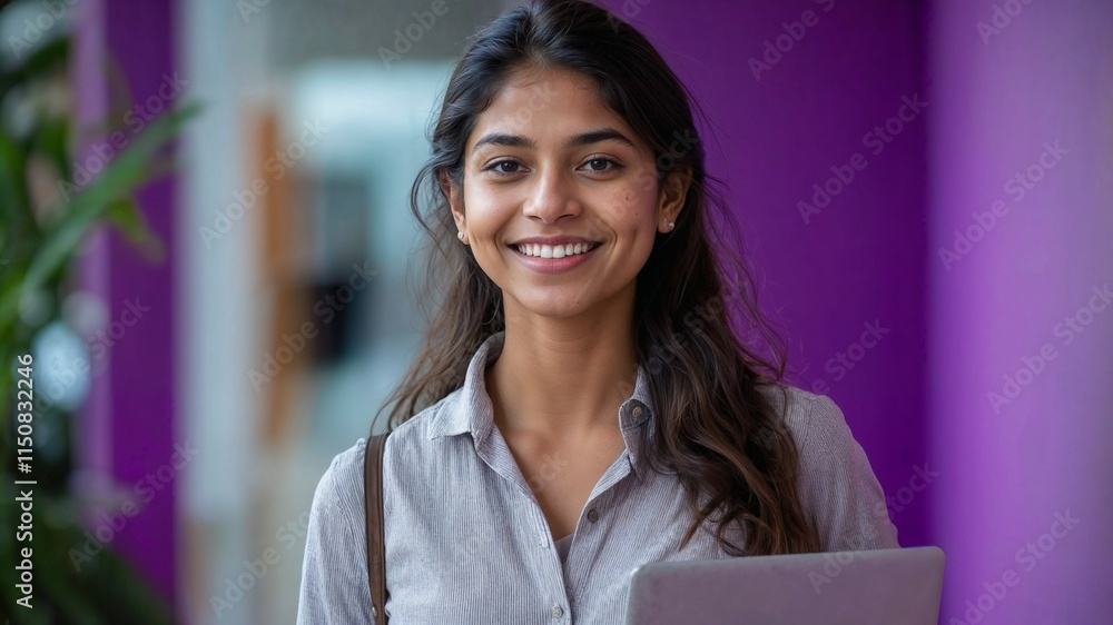 A smiling young IT professional posing confidently in a modern corporate environment with a purple background. A smiling young IT professional posing confidently in a modern corporate environment with a purple background.