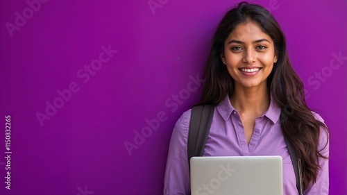 A college student holding a laptop in front of a purple wall, symbolizing learning and innovation.