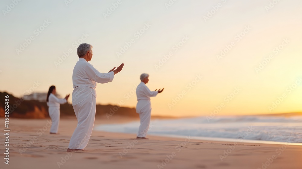 Serene Group of Seniors Performing Tai Chi on the Beach at Sunrise, Embracing Tranquility and Wellness in Nature with Soft Ocean Waves in Background Serene Group of Seniors Performing Tai Chi on the Beach at Sunrise, Embracing Tranquility and Wellness in Nature with Soft Ocean Waves in Background