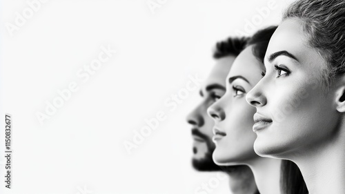 Side profile of three individuals looking forward, focused, diverse ethnicities, black and white
