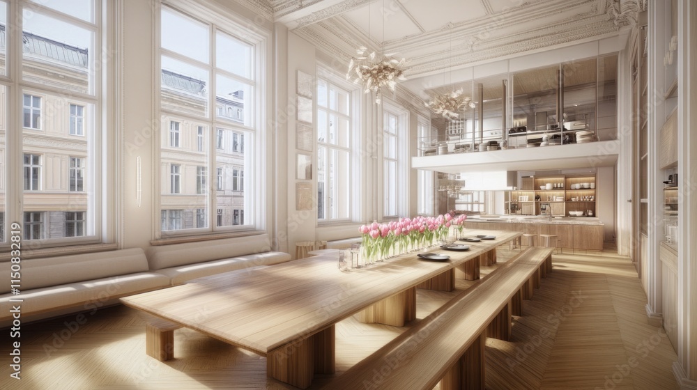 Sunlit spacious loft apartment with long wooden dining table, benches, and modern kitchen on a mezzanine. Sunlit spacious loft apartment with long wooden dining table, benches, and modern kitchen on a mezzanine.