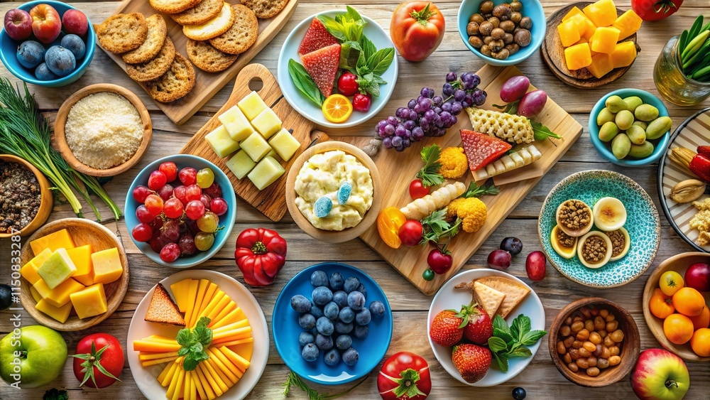Fototapeta premium A vibrant spread of colorful fruits, cheeses, and appetizers arranged on a rustic wooden surface