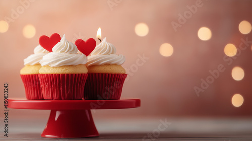 Delicious cupcakes with red hearts and candle, perfect for celebrations.