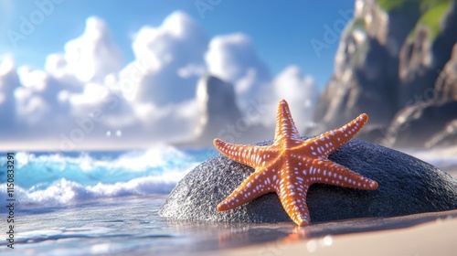 Vibrant Starfish on a Rocky Beach with Gentle Ocean Waves