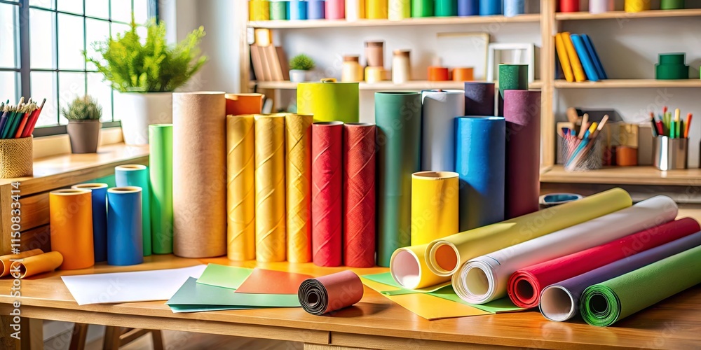 Colorful Rolls of Paper and Cardstock on a Work Desk Colorful Rolls of Paper and Cardstock on a Work Desk