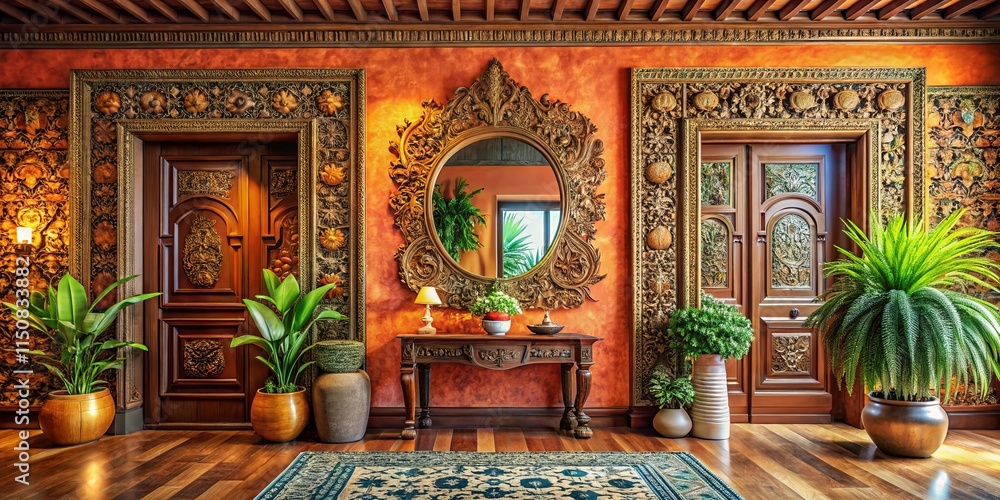 Ornate Interior with Rich Woodwork, Gilded Accents, and Lush Greenery Ornate Interior with Rich Woodwork, Gilded Accents, and Lush Greenery