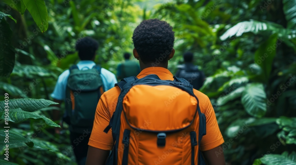 Group of Pathfinding Adventurers Trekking Through Lush Green Jungle Unfolding in Bright Daylight Surrounded by Vibrant Foliage and Tropical Vegetation Group of Pathfinding Adventurers Trekking Through Lush Green Jungle Unfolding in Bright Daylight Surrounded by Vibrant Foliage and Tropical Vegetation