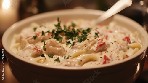 A creamy Alaskan Crab Alfredo pasta in a large bowl, decorated with parsley and Parmesan, soft lighting  photo