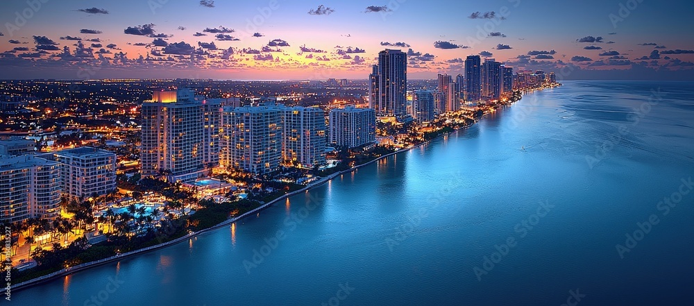 Naklejka premium A panoramic view of a city skyline at dusk with reflections on water.