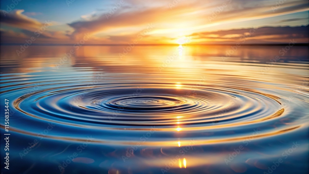 A Single Drop Creating Concentric Circles on a Still Water Surface at Sunset A Single Drop Creating Concentric Circles on a Still Water Surface at Sunset